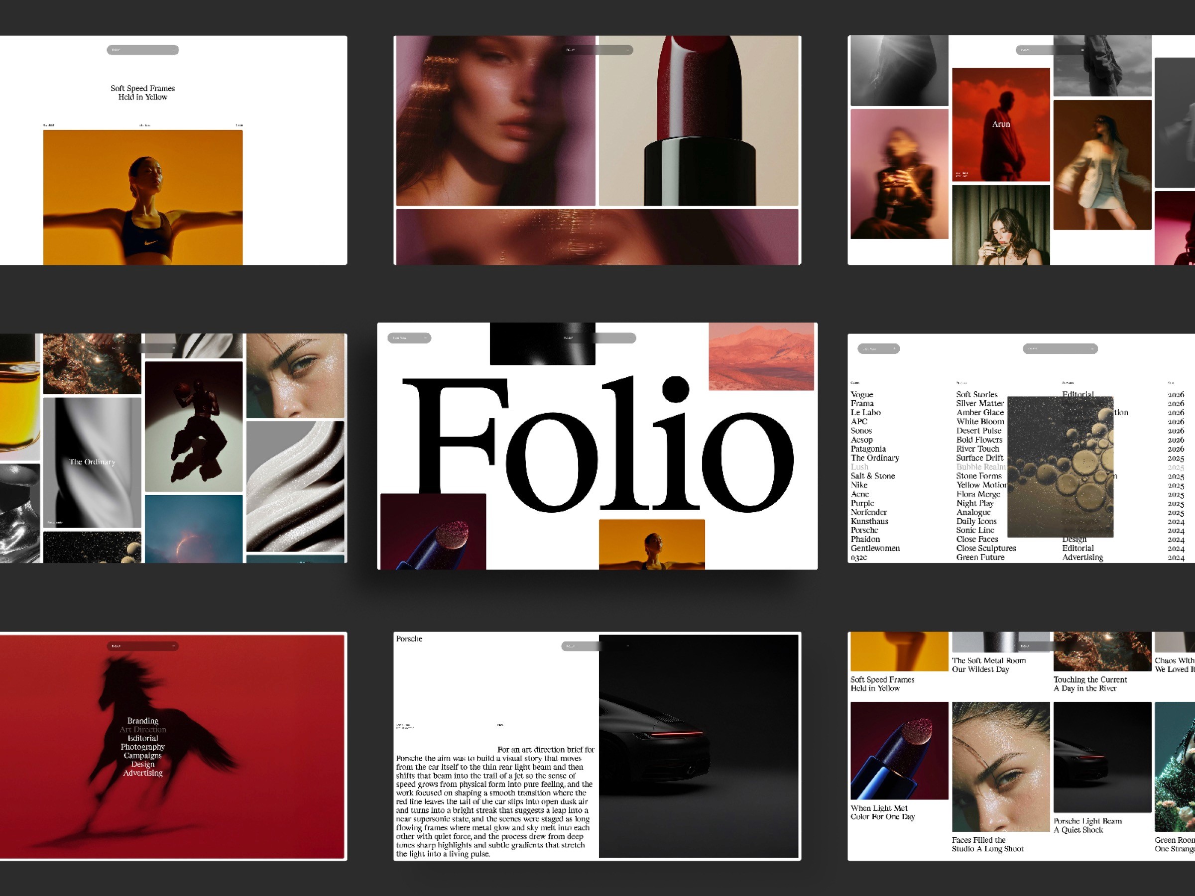Swiss Folio template screens showing portfolio grids, project pages, and editorial layouts