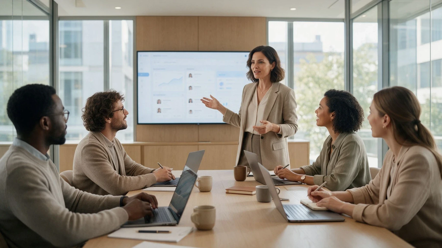 Recruitment team leader presenting hiring dashboard analytics to her team on a screen during a meeting, with recruiters taking notes on laptops around the table.