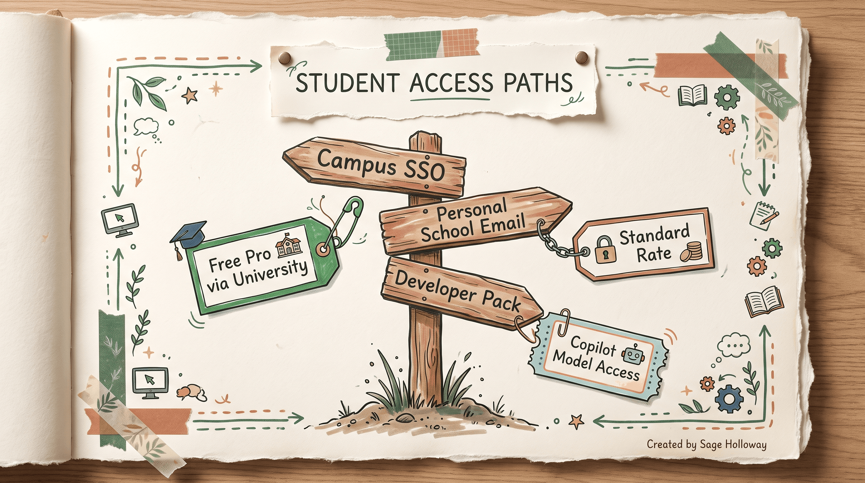 Scrapbook decision tree diagram for student access to Claude Code comparing institutional SSO, personal .edu reality, and GitHub Pack