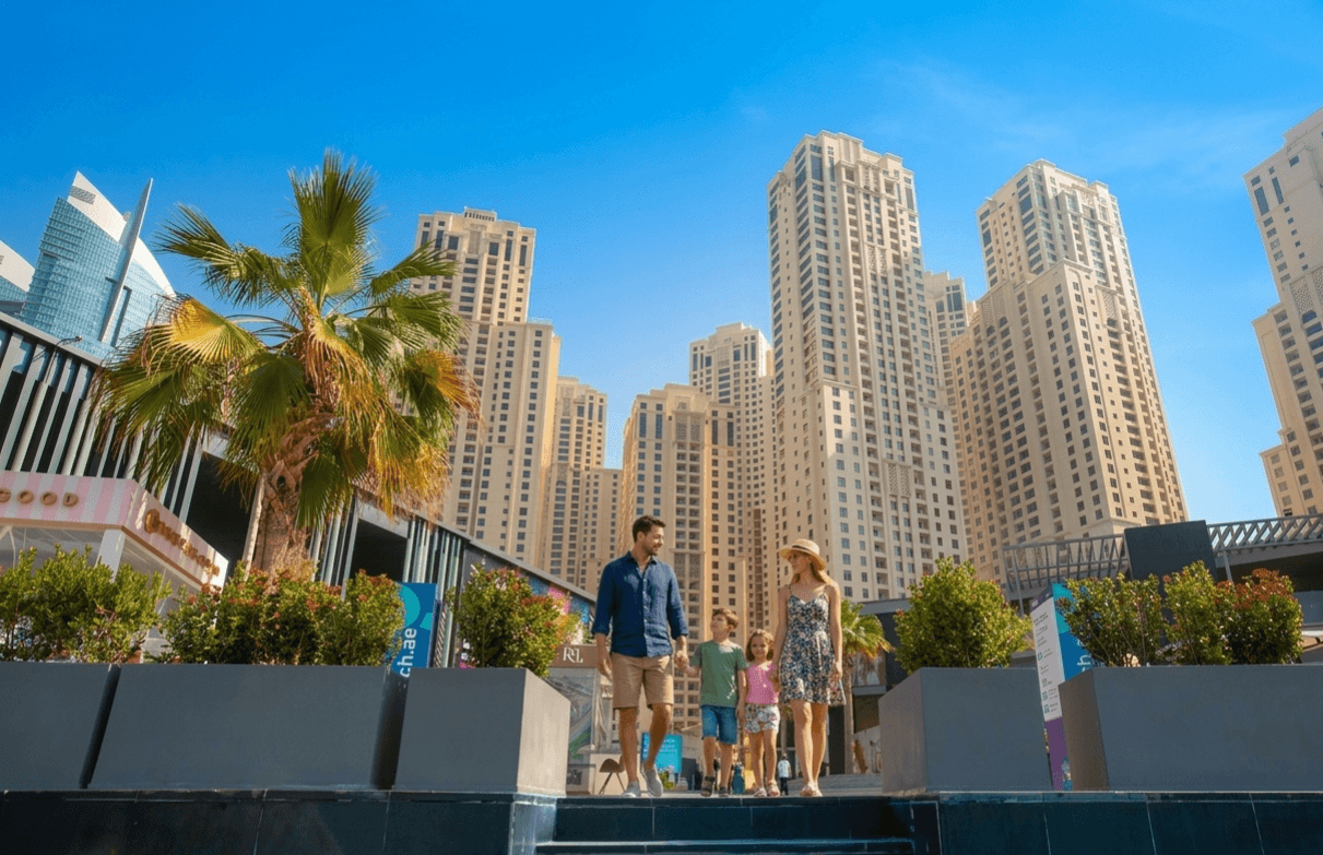 Residential towers and pedestrian lifestyle environment surrounding JBR Walk Dubai and Dubai Marina.