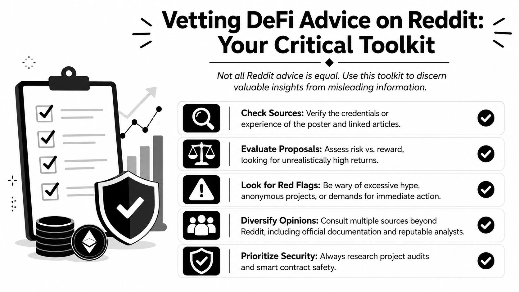 An infographic titled Vetting DeFi Advice on Reddit outlining five critical steps for evaluating financial investment advice.