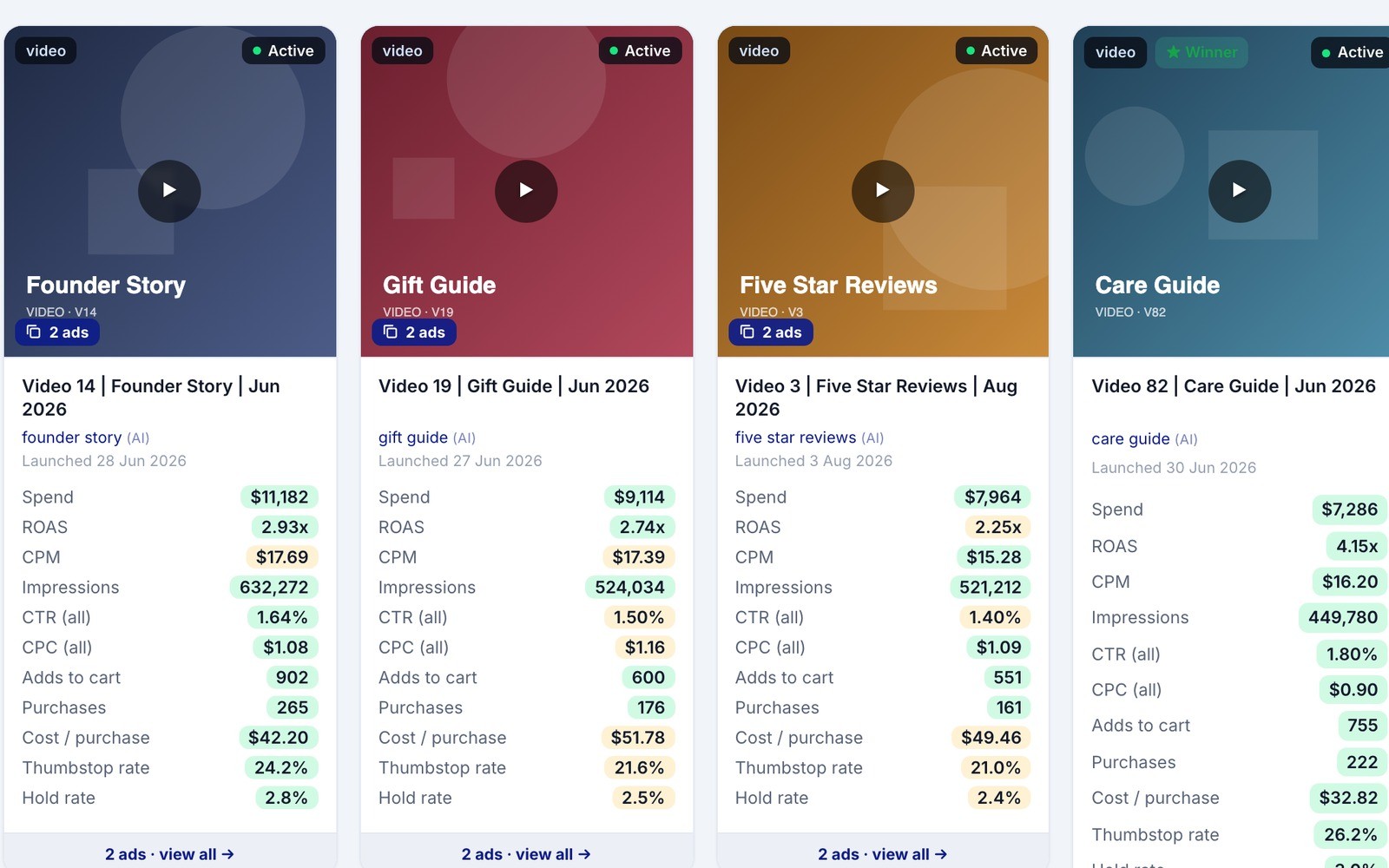 Creative report: every Meta ad graded on spend, ROAS, cost per purchase, thumbstop and hold rate