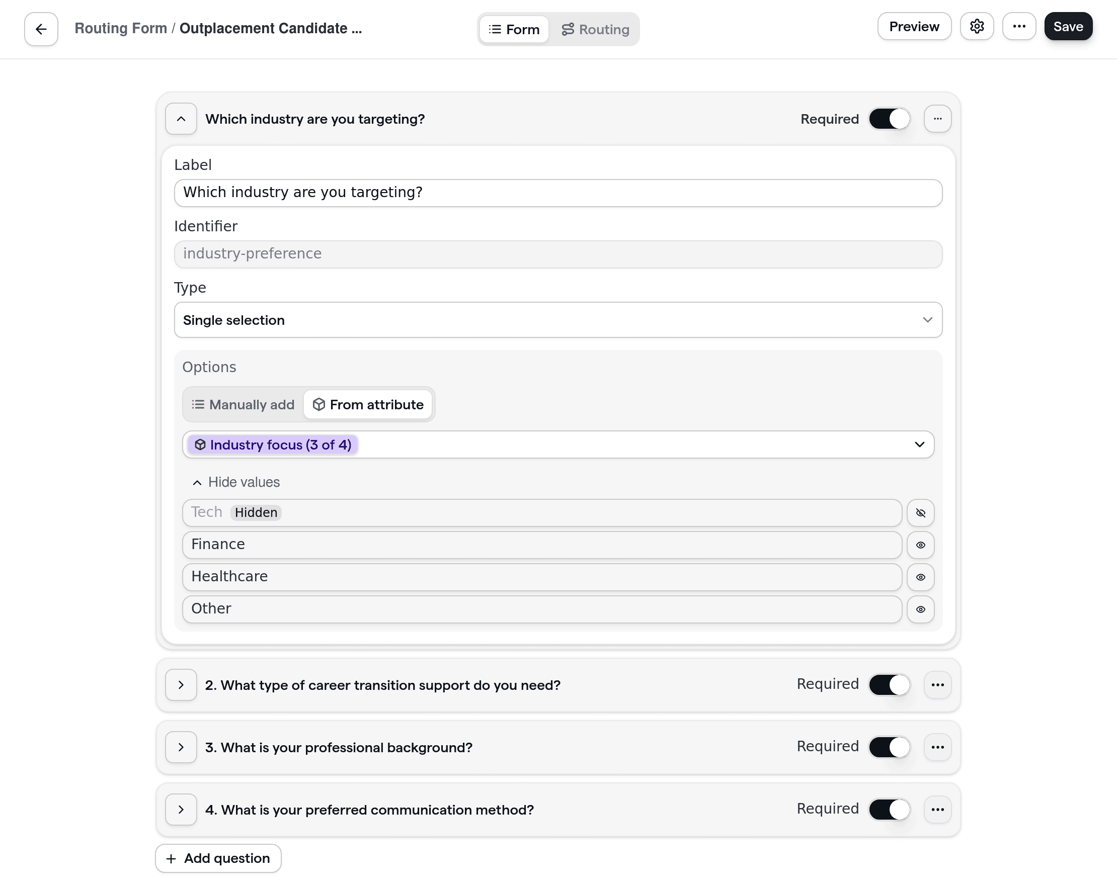 Routing form for outplacement agency candidates showing profile and support questions