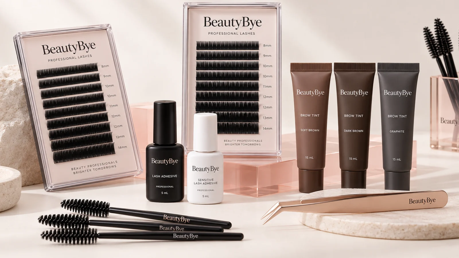 BeautyBye professional brow tint, spoolies and precision tools on a neutral studio background