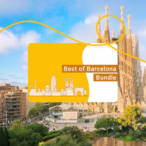 一個巴塞隆納的聖家堂景觀，上面有一個「巴塞隆納最佳套餐」的推廣圖形覆蓋。