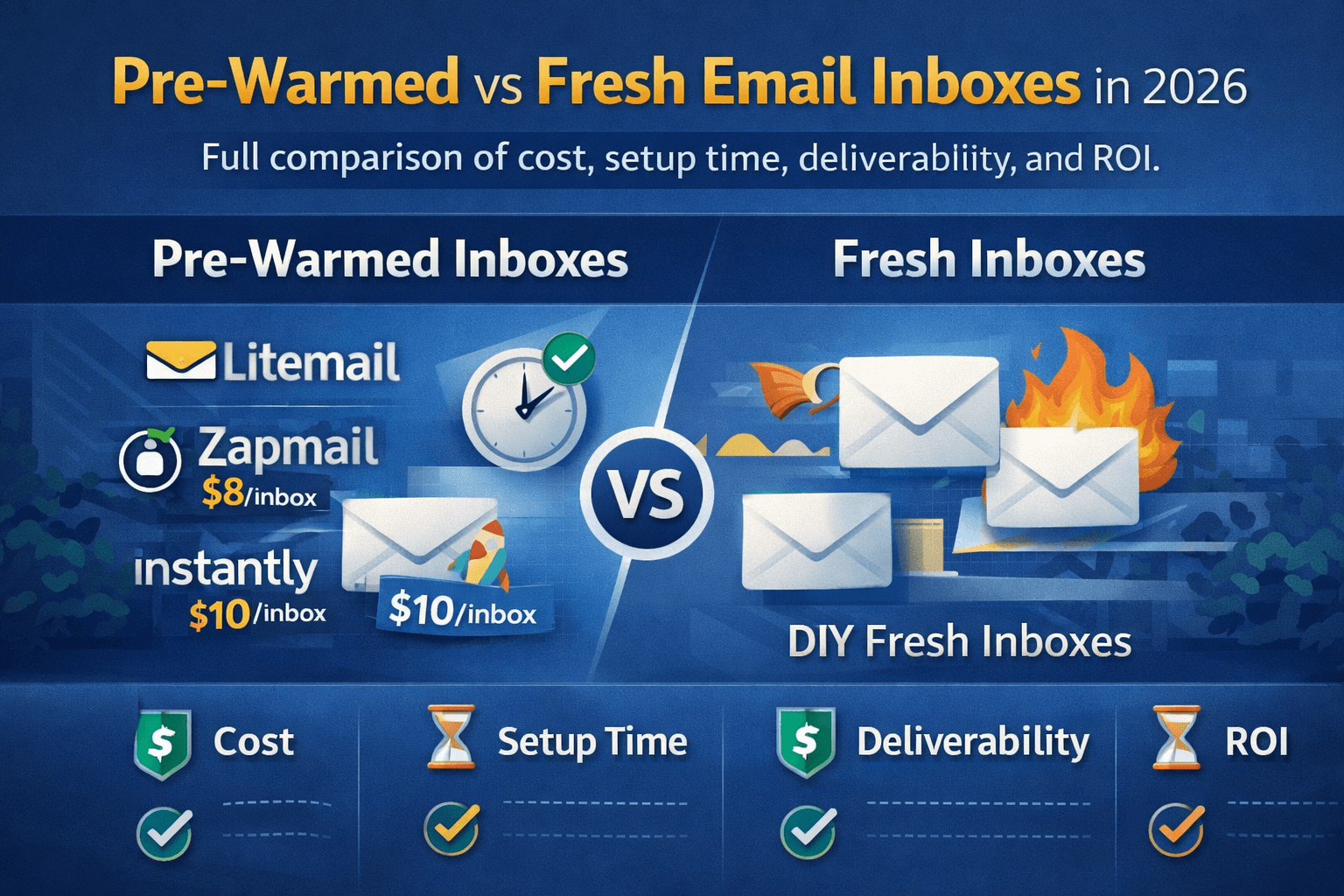 Pre-warmed vs fresh email inboxes in 2026 — full comparison of cost, setup time, deliverability, and ROI. Litemail pre-warmed from $4/inbox vs Zapmail $8, Instantly $10, and DIY fresh inboxes.