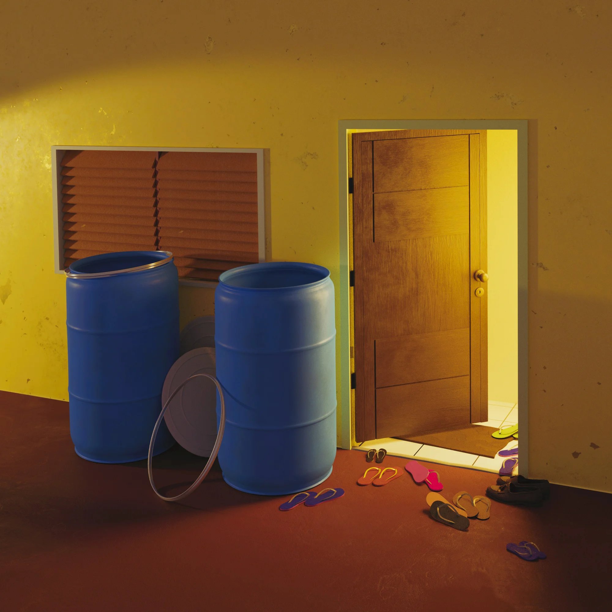 A 3D render depicting a Caribbean family receiving a barrel sent by loved ones abroad, symbolizing the memories, connections, and emotions associated with growing up as a barrel child.