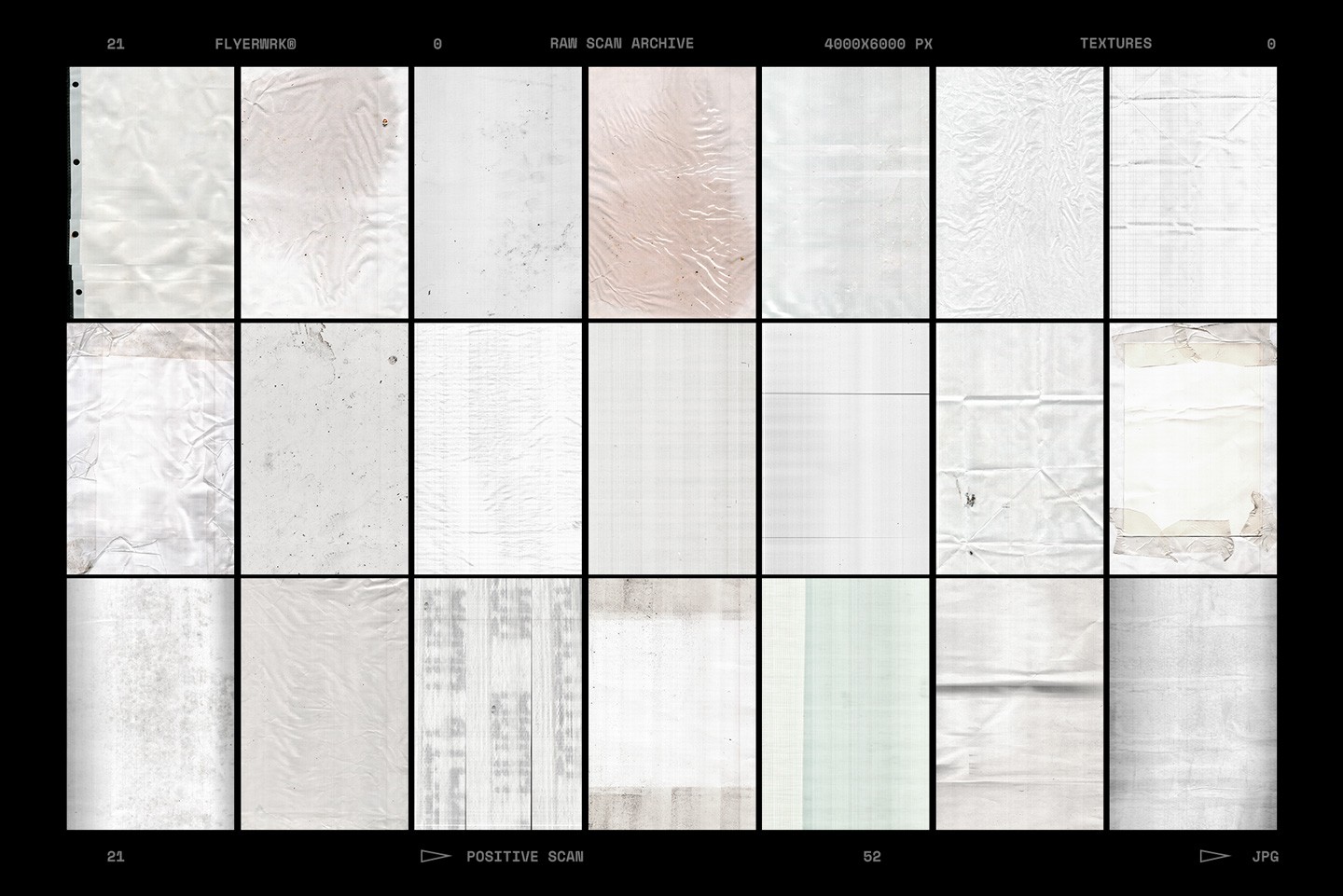 Raw Scan Archive set of twentyone positive white textures showing grainy hand scanned document patterns