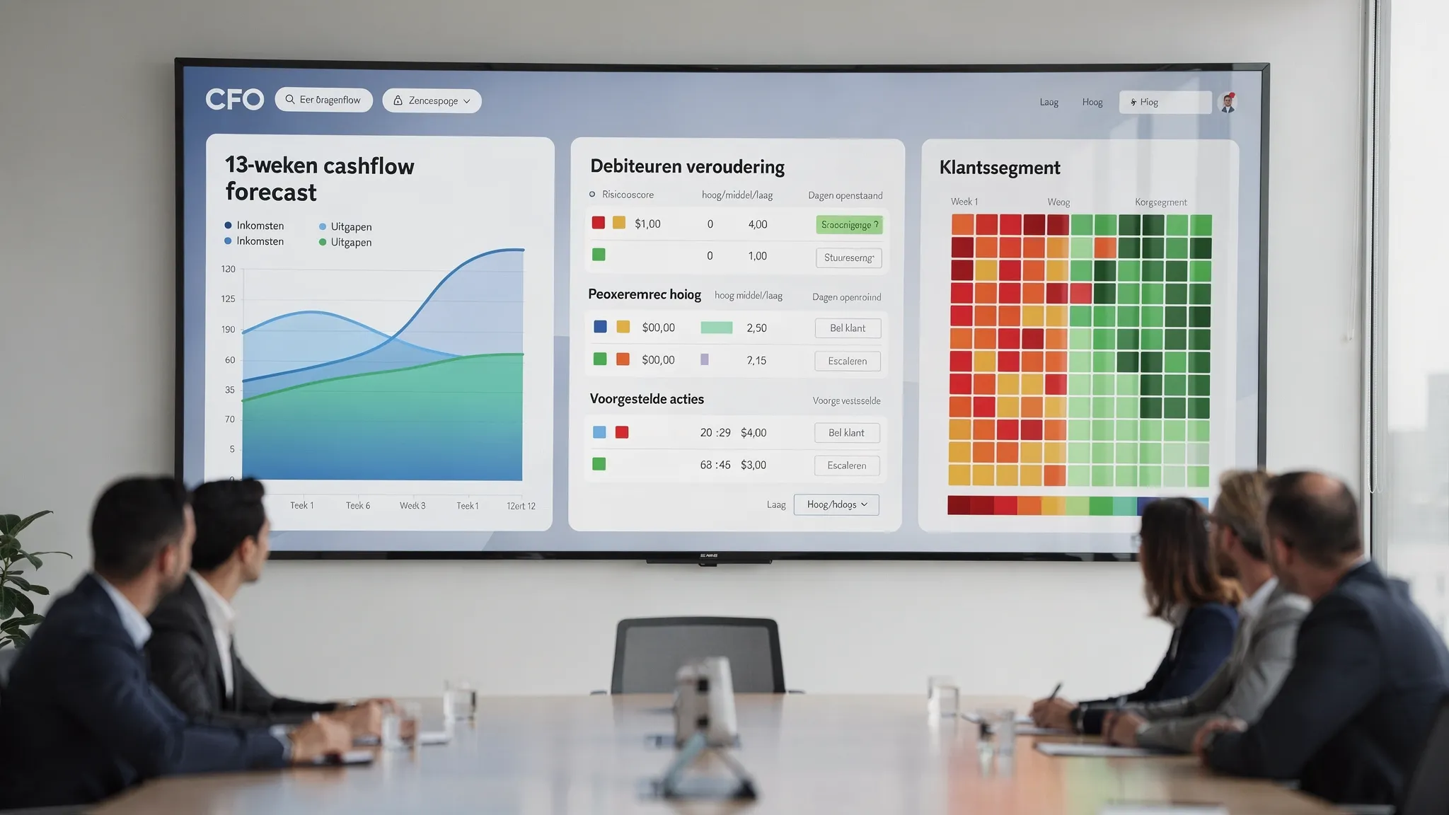 A modern CFO dashboard with three panels: on the left a 13 week cashflow forecast with confidence bands, in the middle AR aging with risk scores and suggested actions, on the right a heatmap of pocket margin by product and customer segment, displayed on a large screen in a meeting room.