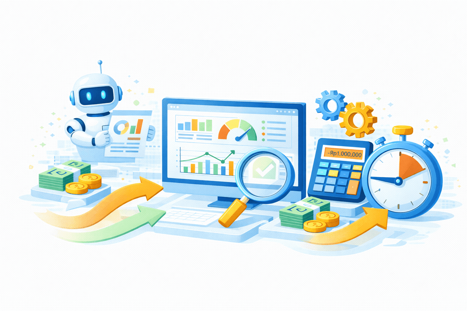 Ilustrasi AI‑driven financial analytics, automation, dan performance optimization. Di tengah terdapat dashboard analitik pada monitor yang menampilkan grafik batang, garis, dan indikator kinerja dengan status tervalidasi (ikon centang). Di kiri, AI/robot assistant memegang laporan analitik, berdampingan dengan uang tunai dan koin, serta panah alur melengkung yang menandakan proses berulang dan peningkatan berkelanjutan.  Di kanan, kalkulator menunjukkan nilai −Rp1.000.000, jam/stopwatch melambangkan efisiensi waktu, dan roda gigi menandakan otomasi proses. Kaca pembesar di depan layar merepresentasikan review dan kontrol. Panah hijau–oranye di bagian bawah menggambarkan siklus optimasi, validasi, dan peningkatan kinerja yang terintegrasi, aman, dan berbasis data.