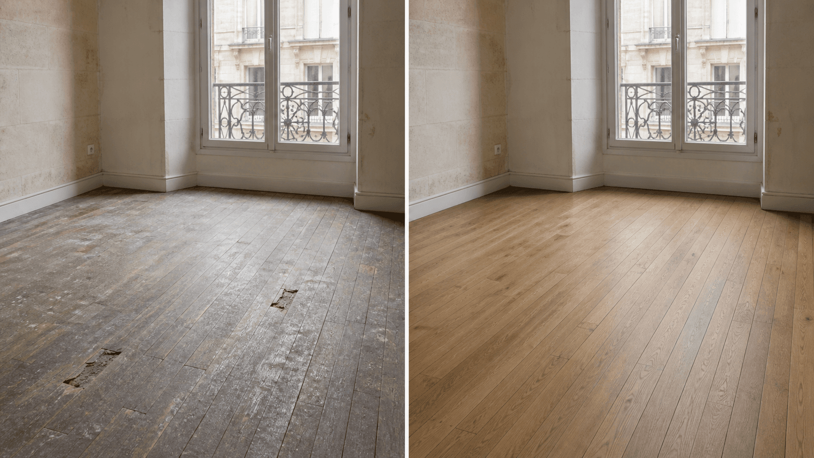Même parquet ancien avant et après une restauration complète