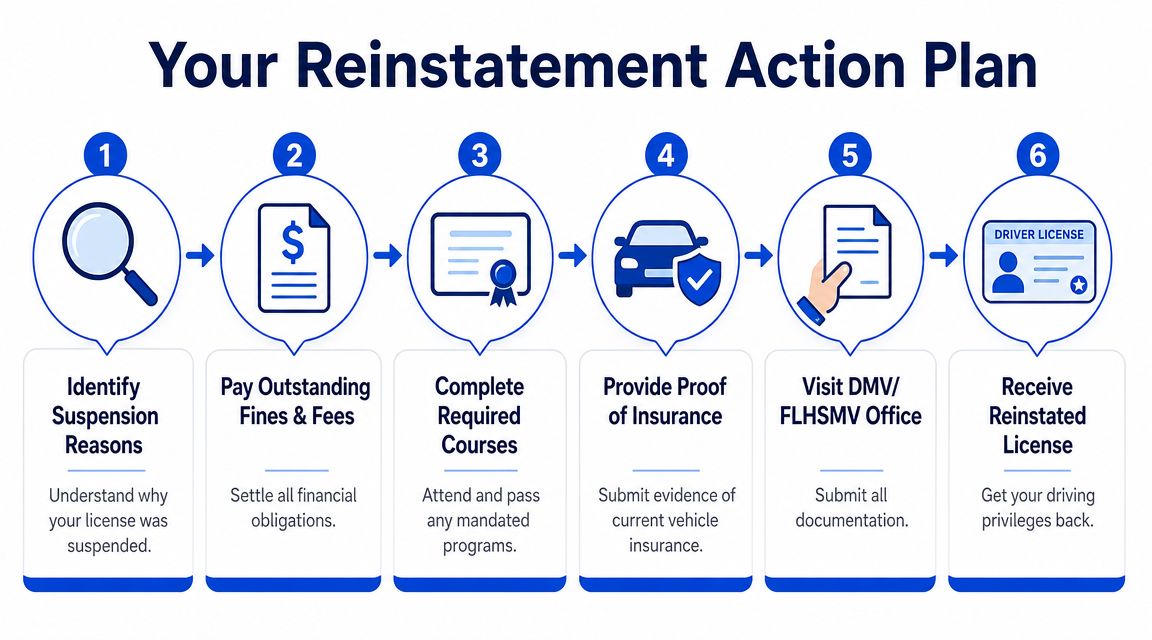 A six-step infographic detailing the process for drivers to reinstate a suspended driver license.