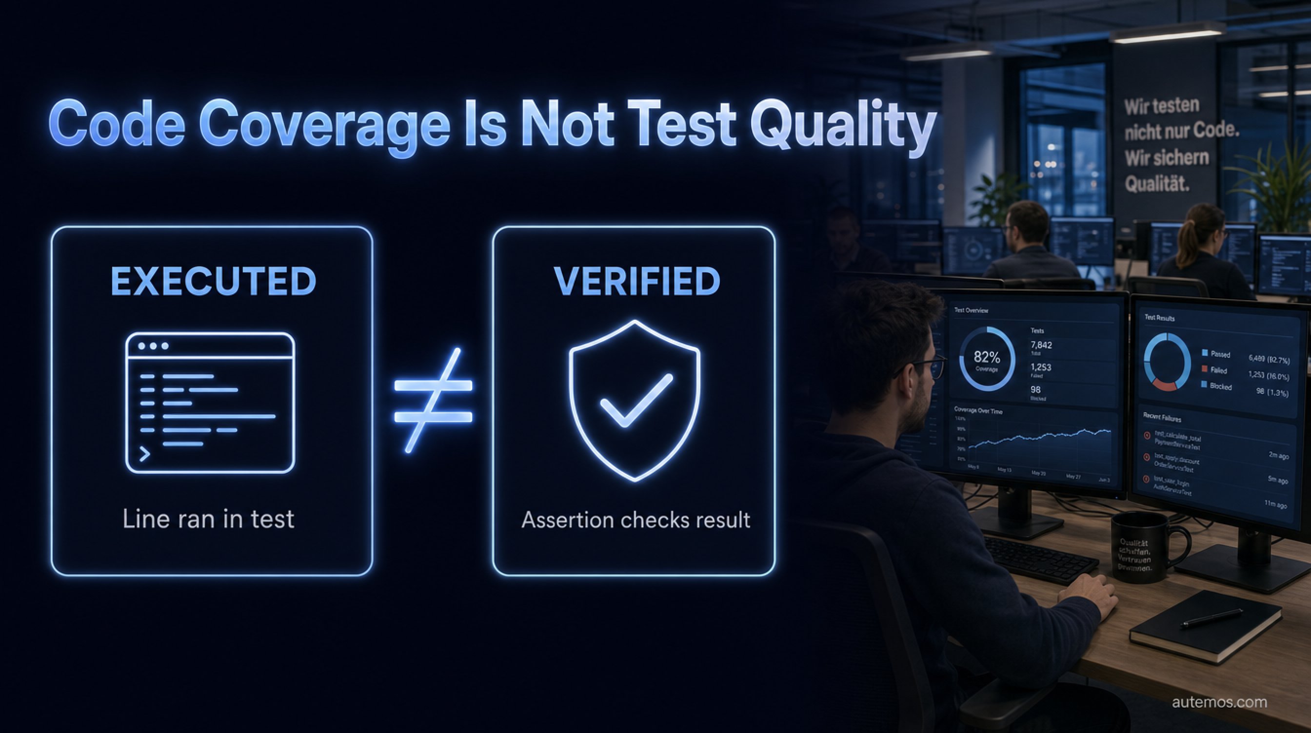 Diagram: code coverage is not test quality – executed code contrasted with verified code that has an assertion.
