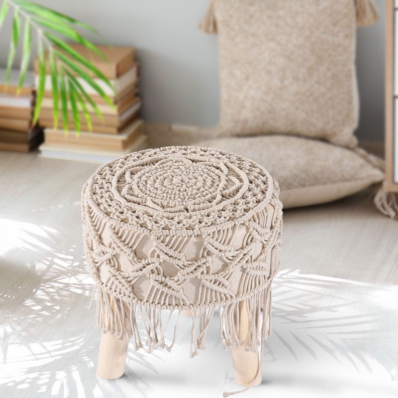 Handcrafted macrame round stool with wooden legs for home décor