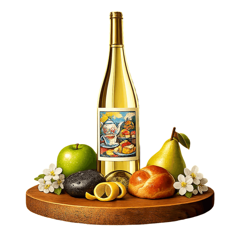 Artistic label and flavor profile for English Chardonnay on a rustic wooden table.