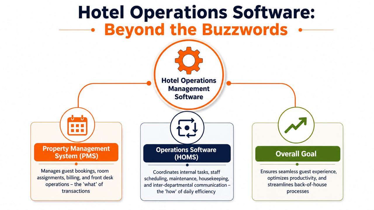 A diagram illustrating the components of Hotel Operations Management Software, including PMS, HOMS, and the overall goals.