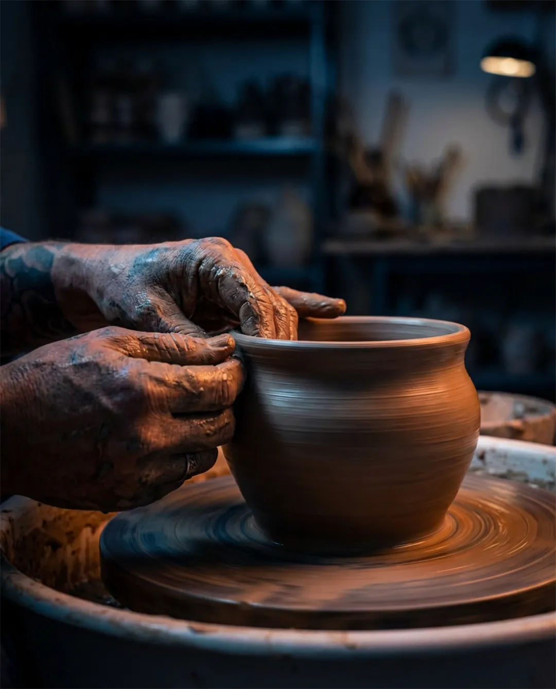 AI photography close-up of hands shaping clay on pottery wheel, spinning motion, wet clay texture, artisanal craft imagery