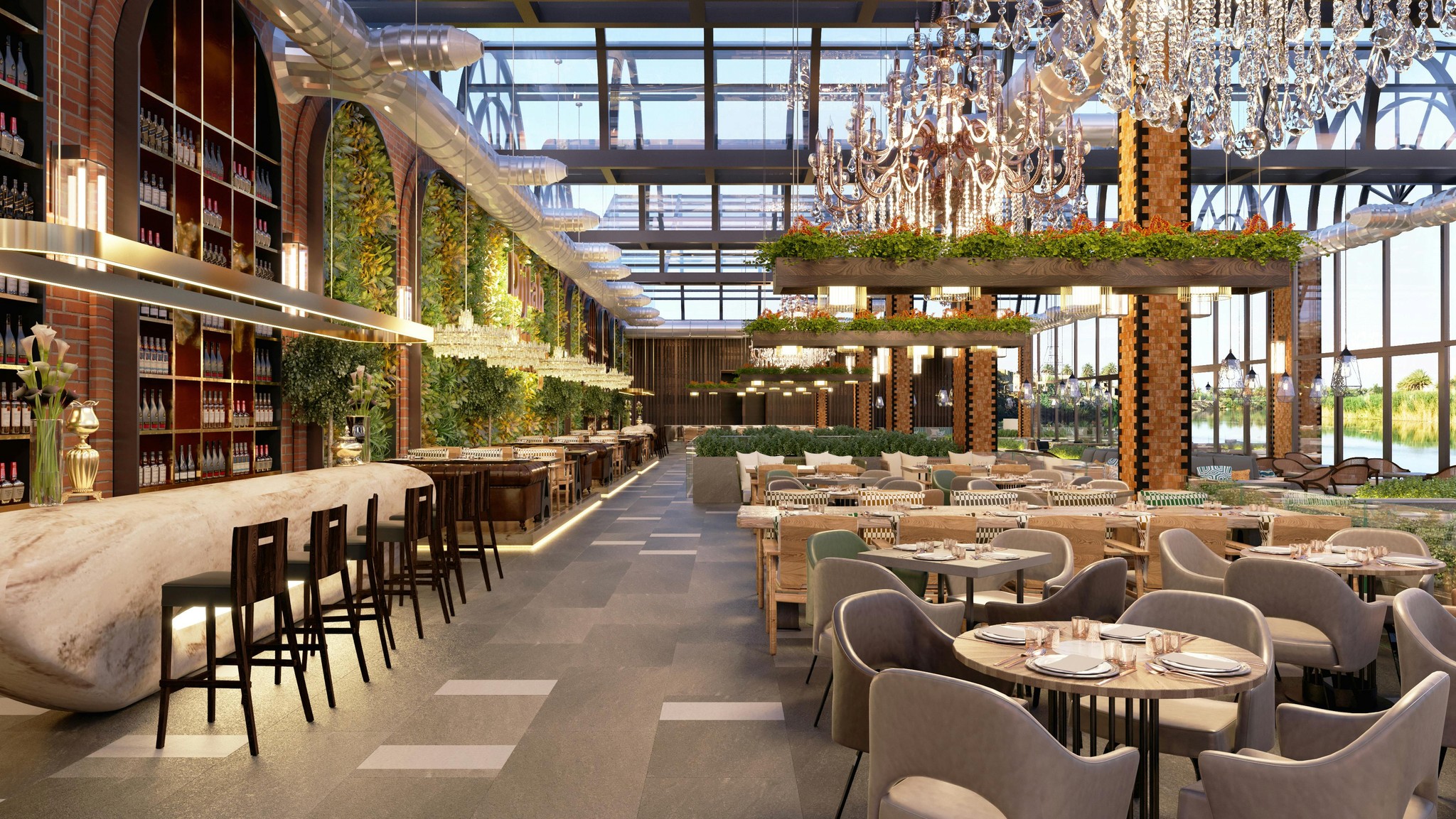 Salle de restaurant contemporaine avec verrière, bar en bois et décoration végétale suspendue