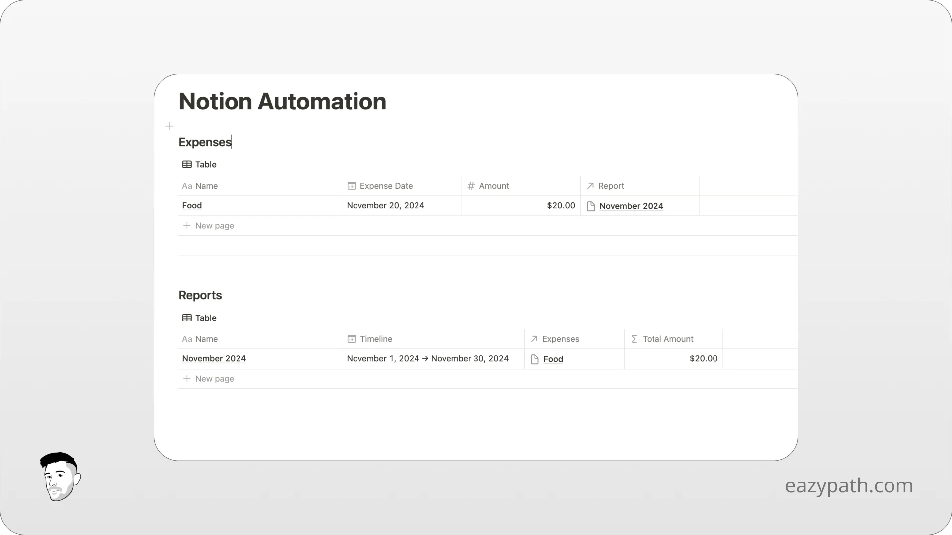 Specific Uses Cases of Notion Database Automations - Link an expense to a Monthly Report - Final Result