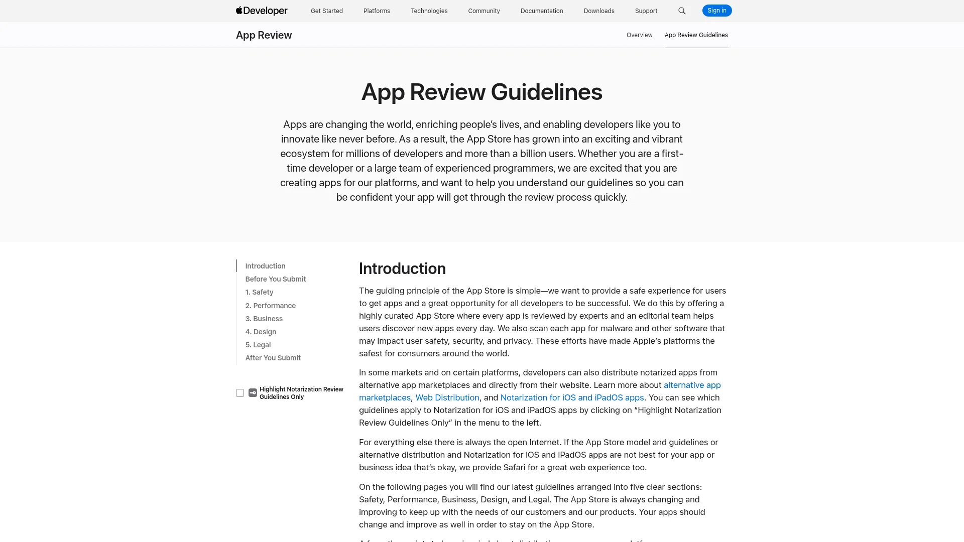 Apple App Store Review Guidelines page on the Apple Developer website
