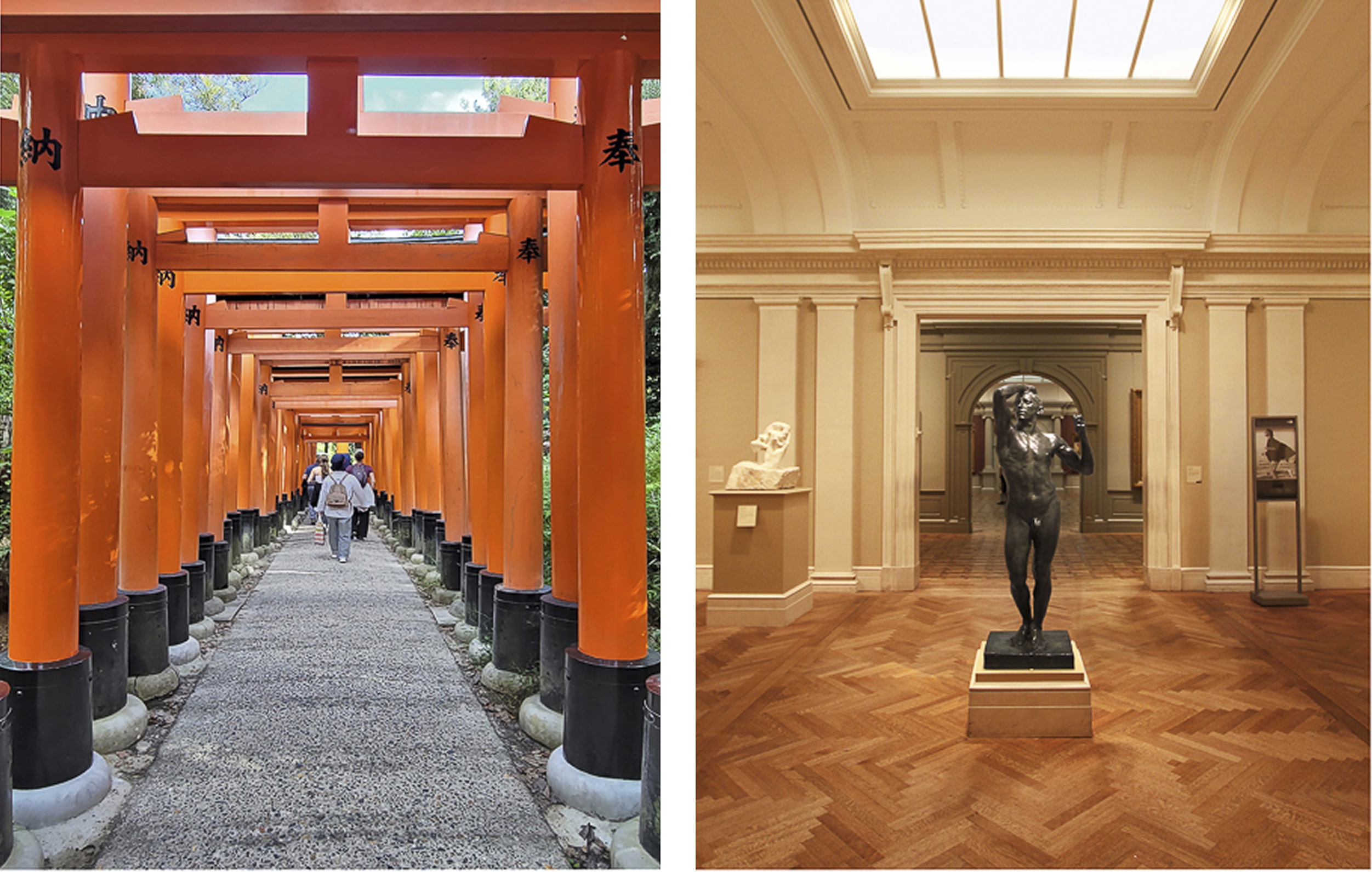 Diptych featuring two photographs: on the left, a path lined with vivid orange torii gates at a Japanese shrine; on the right, an interior view of a museum hall with a bronze statue centered under soft skylight. The pairing contrasts spiritual passageways with spaces of contemplation and art.