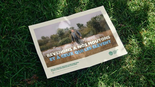 Affiche de la FNSEA pour la promotion de l'élevage ovin, posée dans l'herbe. On y voit un berger avec ses moutons et le slogan "Revenons à nos moutons et à ceux qui les élèvent".