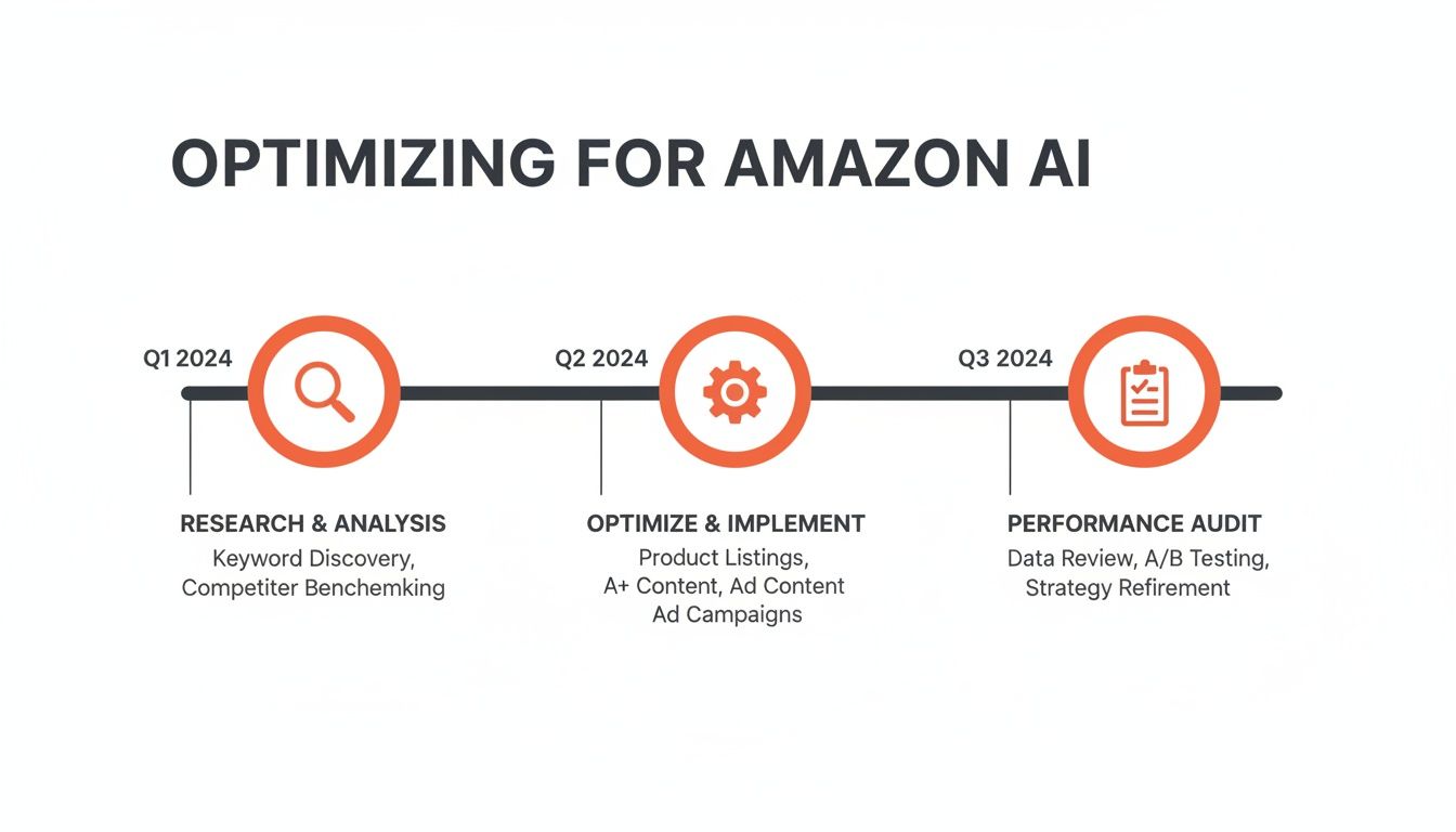Timeline showing a 2024 strategy for optimizing Amazon AI, covering research, implementation, and auditing phases.