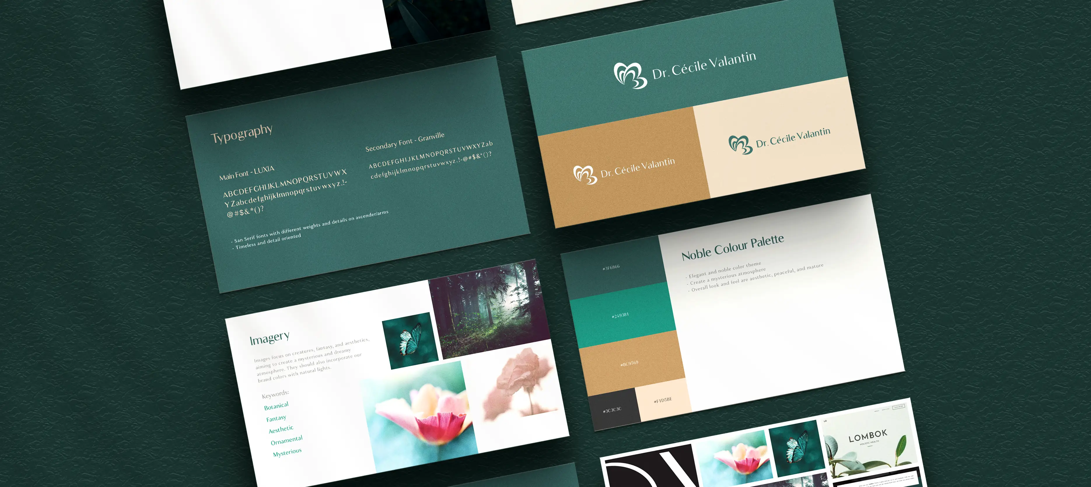 Dr. Cécile Valantin brand guidelines application – stationery, colour palette, and typography in soft pine green and pale gold by Teatime Studio.