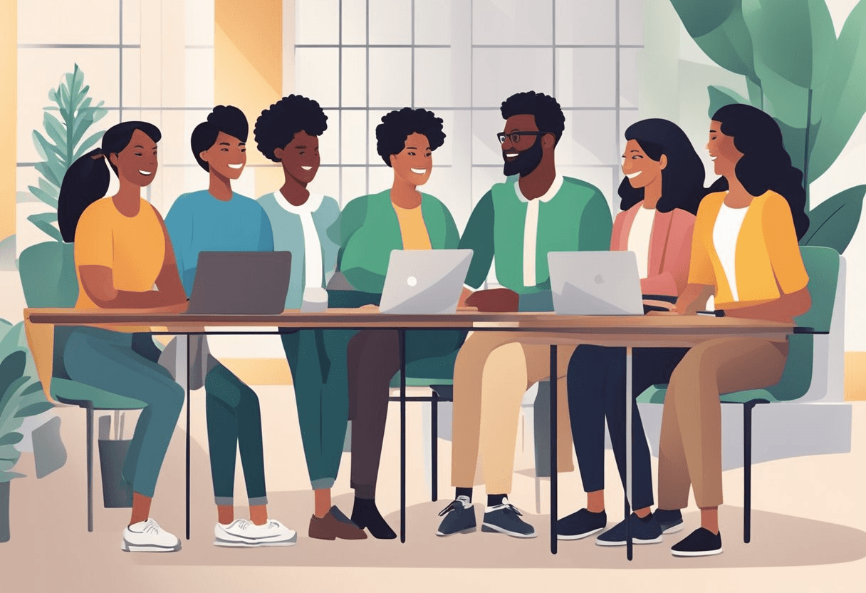 A diverse group of people working together in an inclusive and welcoming environment, with equal access to opportunities and fair treatment