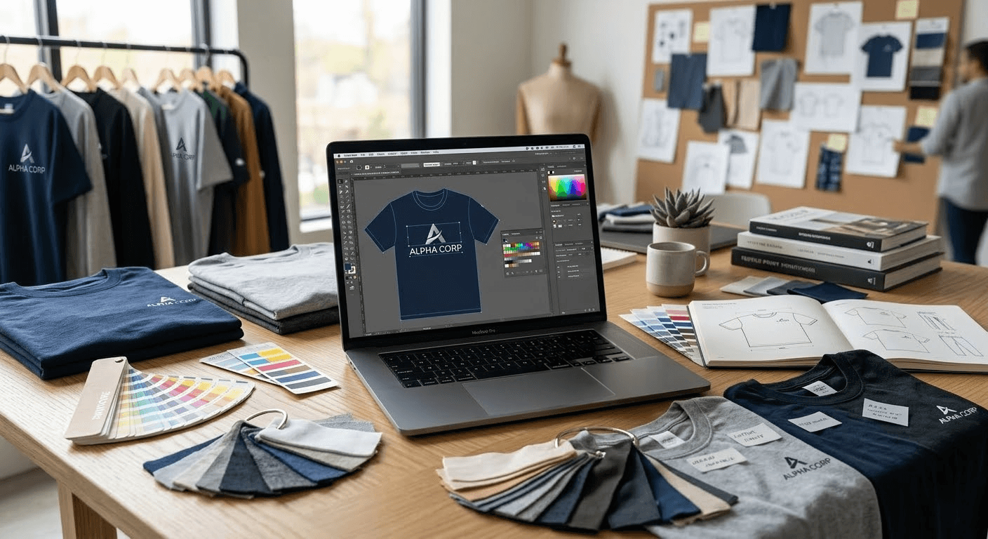 Designer criando arte para camisetas personalizadas em estação de trabalho com amostras de tecido