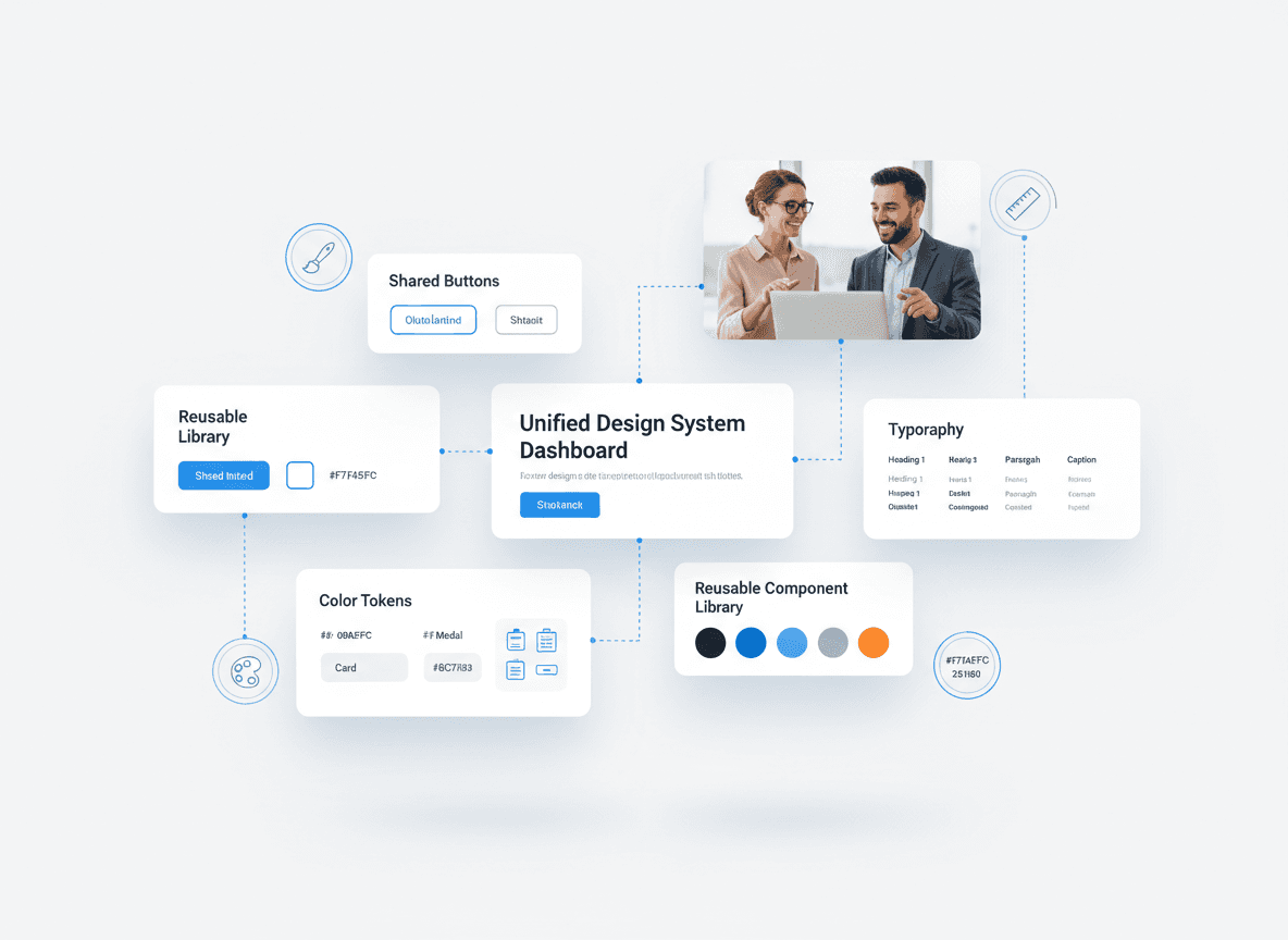 Enterprise design system development showing shared UI components, design tokens, and reusable libraries accelerating frontend development