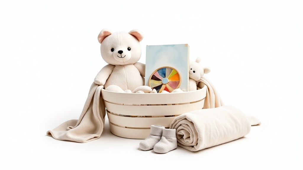 A cream-colored baby gift basket with two teddy bears, blankets, booties, a book, and a toy.