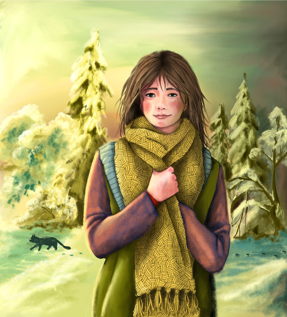 Ein Mädchen mit Schall im Schnee bei Sonnenuntergang