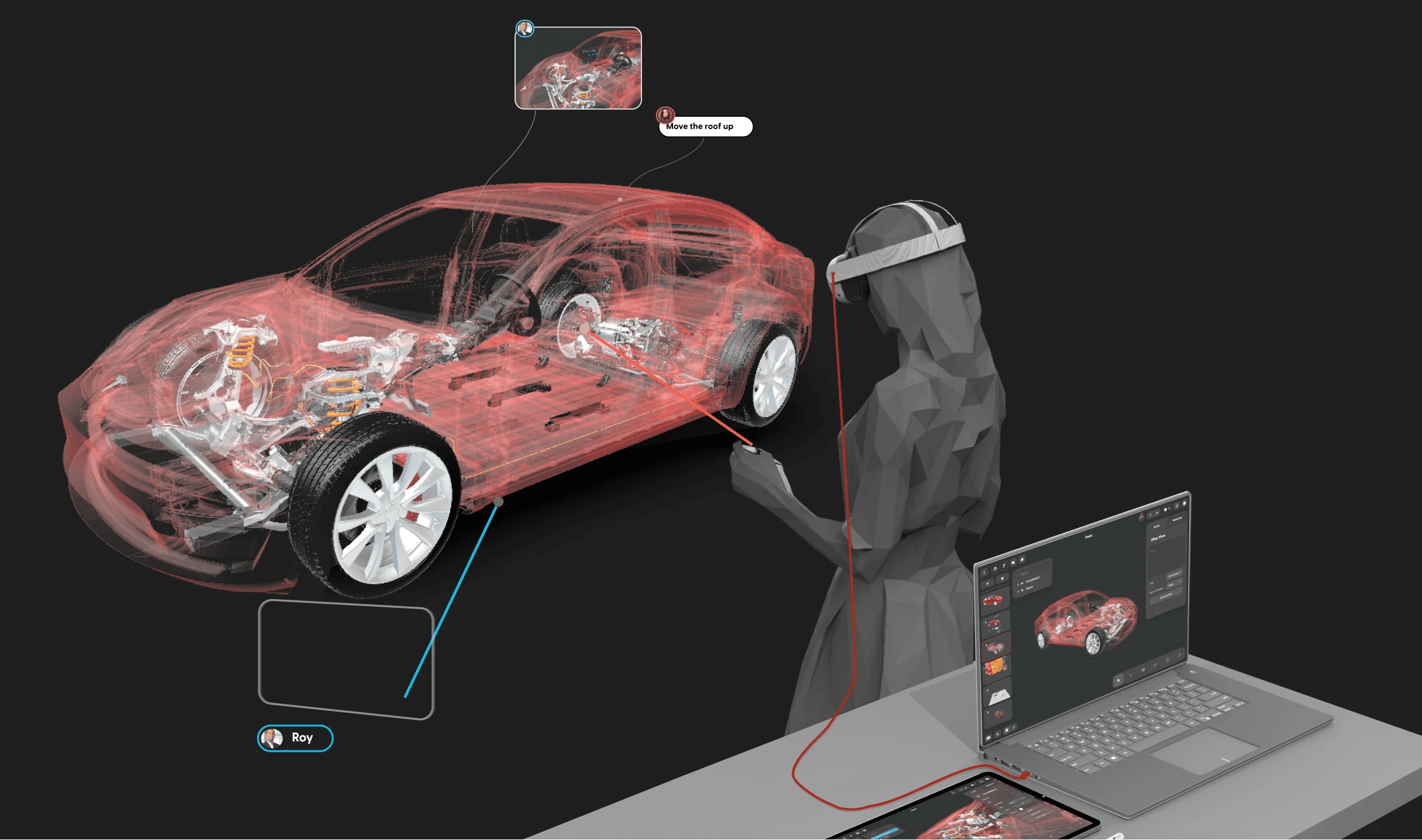 A person wearing an XR headset views a 3D model of a car, while a laptop and tablet sit on a nearby table displaying the same model on their screens