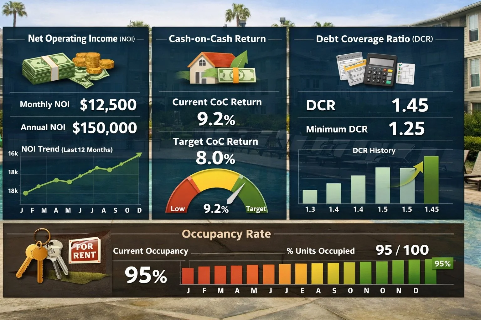 Dashboard visual for a rental property showing key metrics: Net Operating Income, Cash-on-Cash Return, Debt Coverage Ratio, and Occupancy Rate.