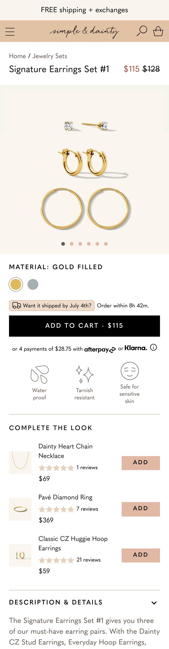 Jewelry product options include: earring for Signature Earrings Set #1 from Simple and Dainty.