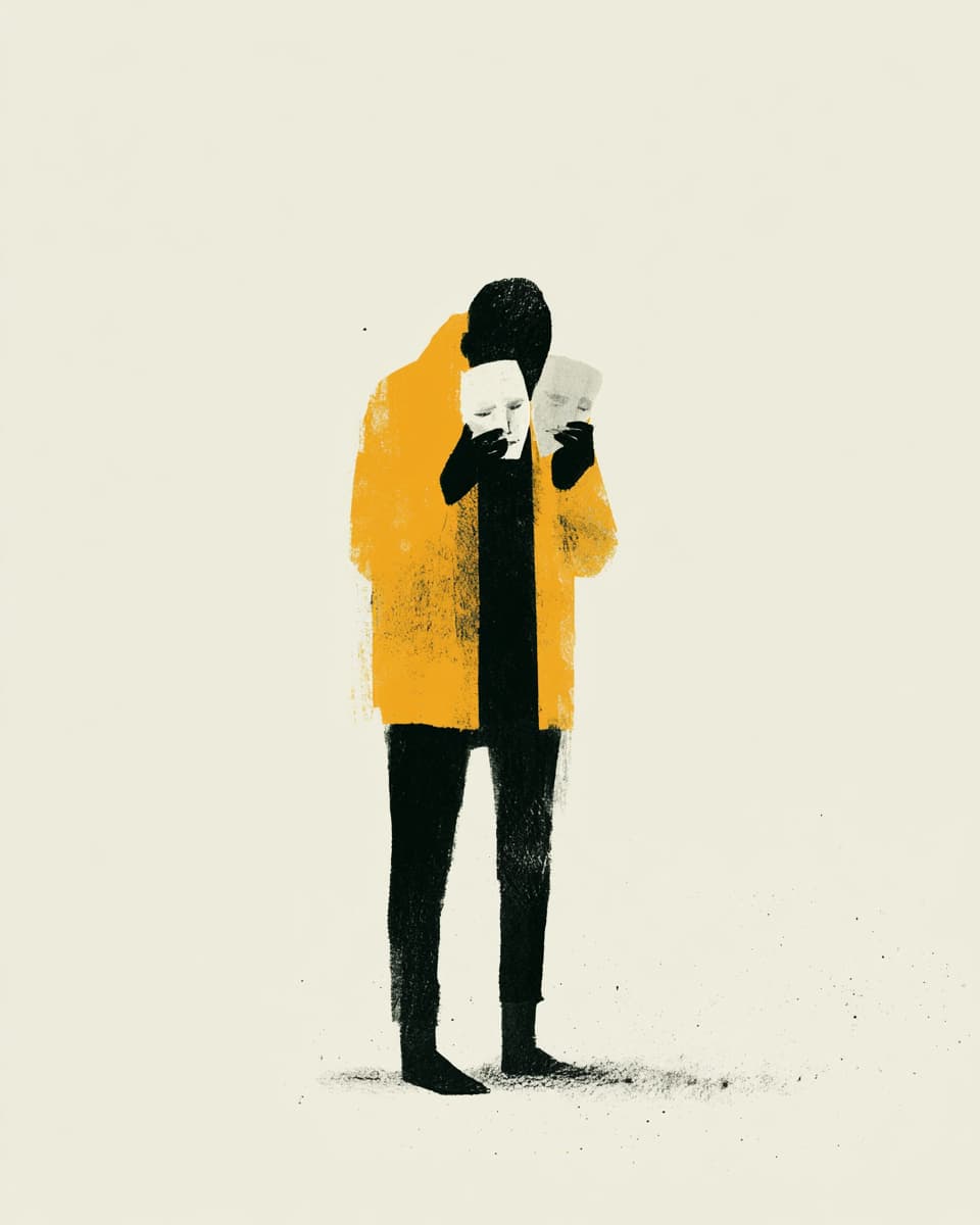 Person hält Masken, Kunstillustration, gelber Mantel, Figur