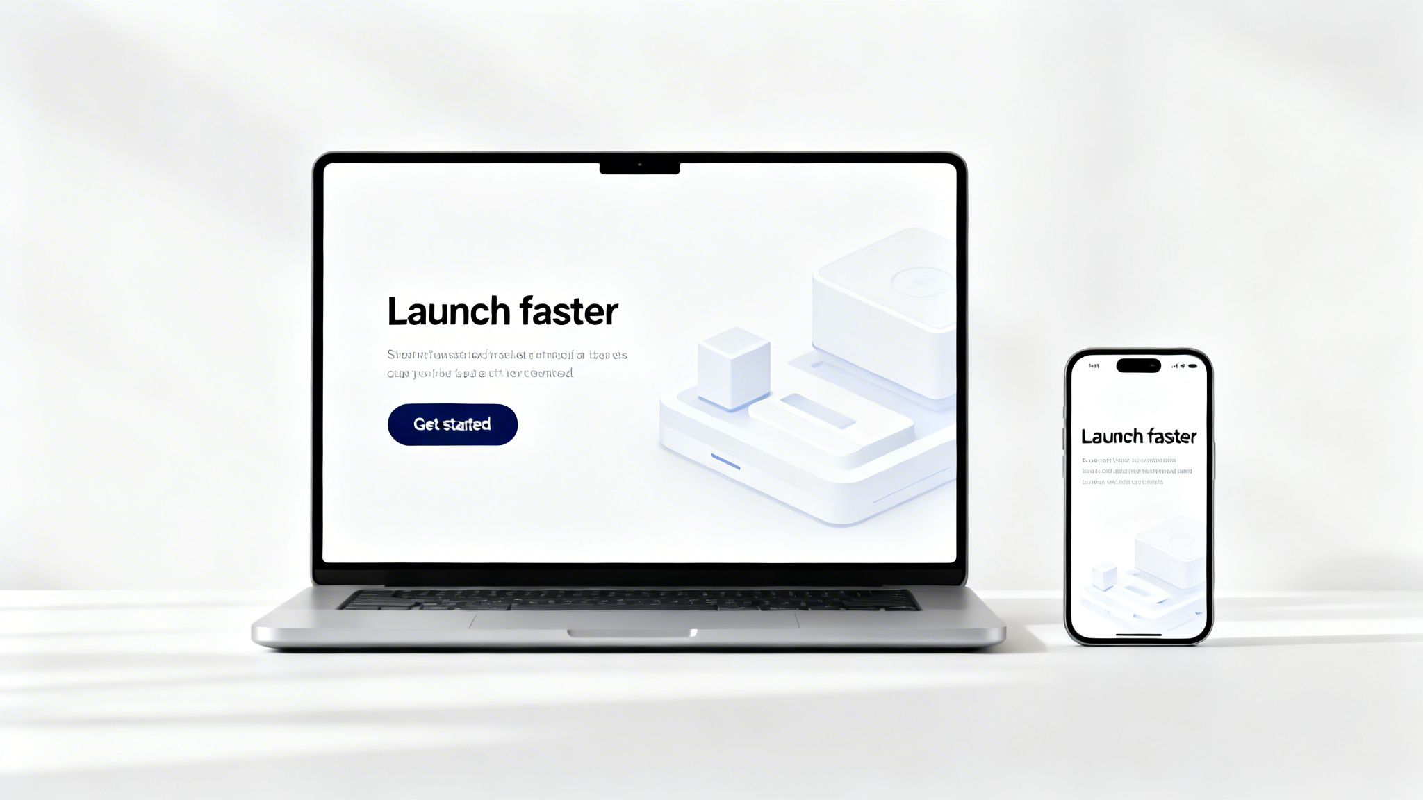 A laptop and a smartphone showcasing a 'Launch faster' landing page with abstract white 3D elements.
