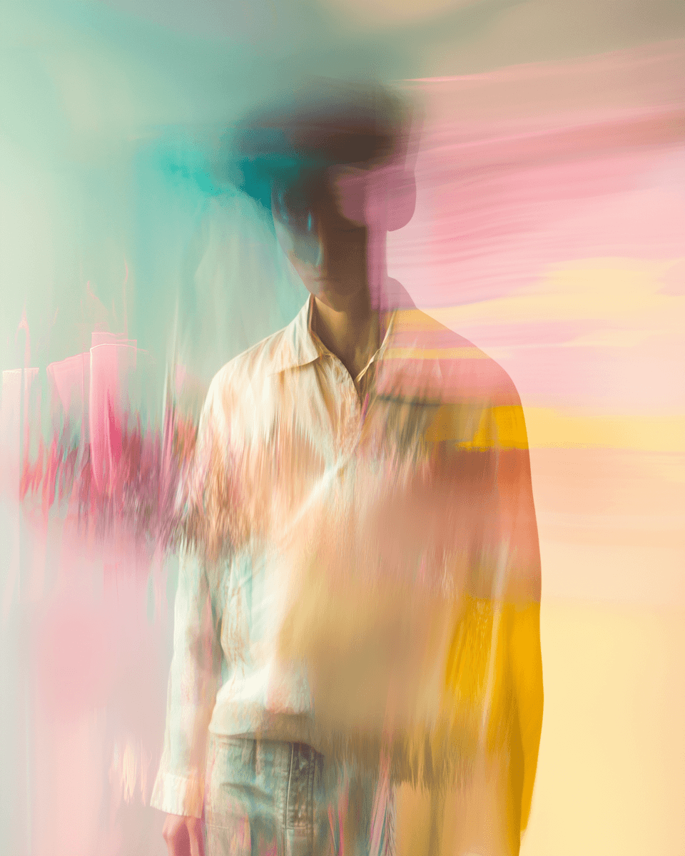 A blurred figure stands against a softly colored background of pastel hues, evoking a dreamlike atmosphere.