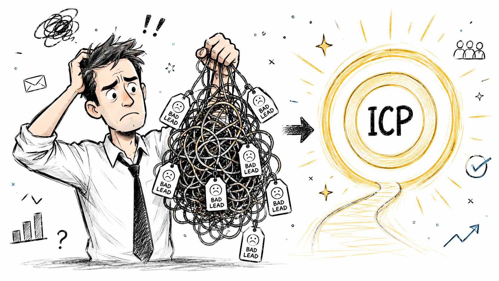 A confused businessman tangled in a mess of bad leads moving towards an Ideal Customer Profile target.