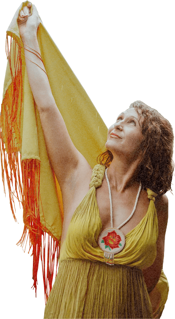 Rachael Popky, transformational guide and spiritual entrepreneur, in flowing golden attire with arms raised in celebration