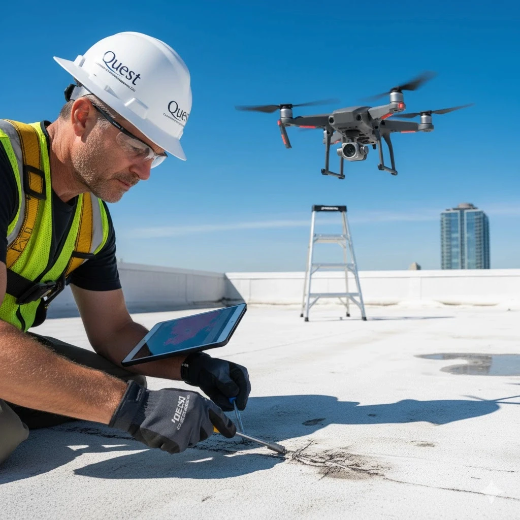 roofing expert carefully inspecting a roof on a commercial building.