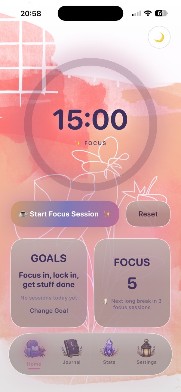 Cozy Pom early focus timer set to 15 minutes with coral and pink watercolor artwork