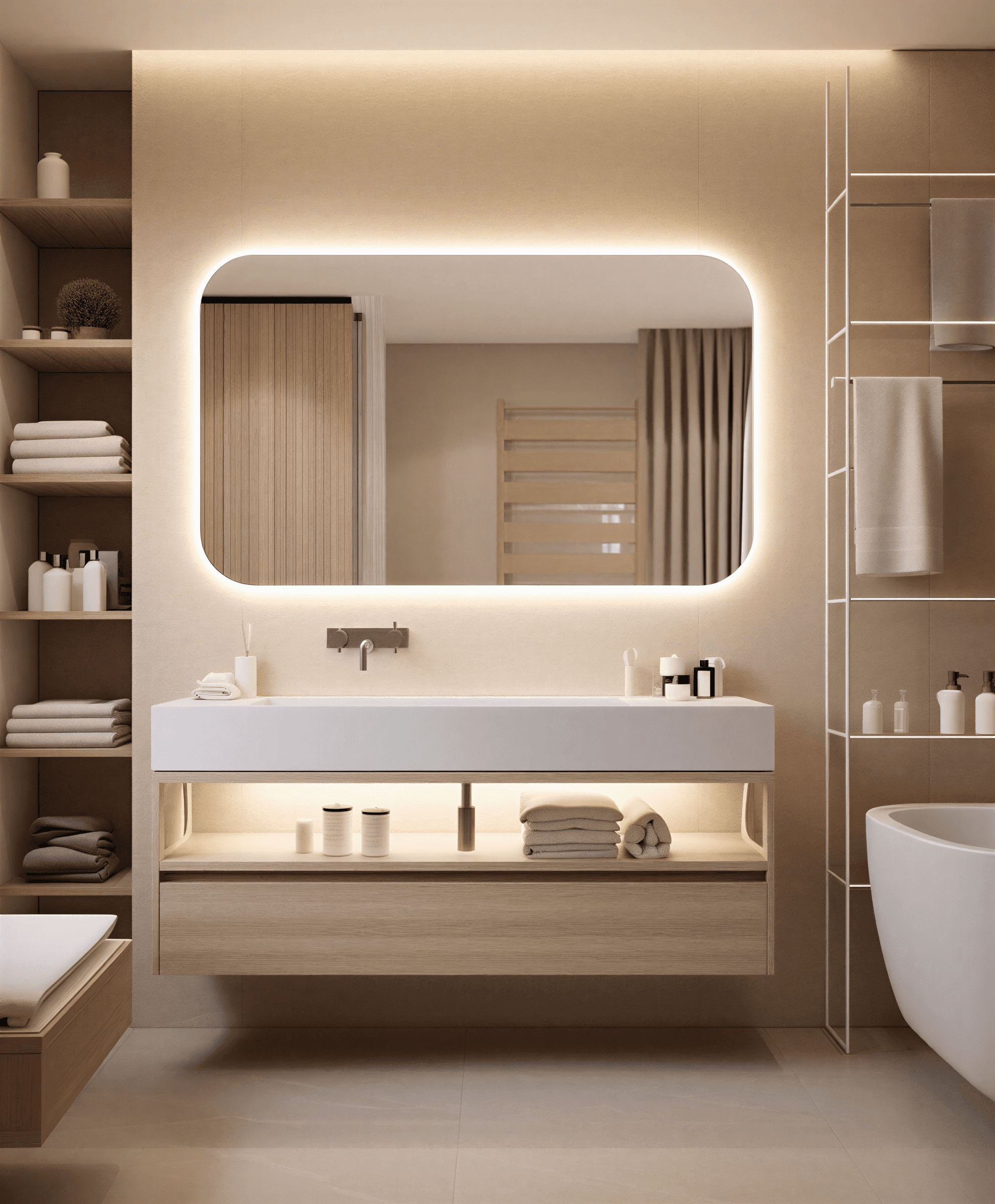 Modern spa bathroom with backlit mirror, floating white vanity, warm wood cabinetry, and organized open shelving