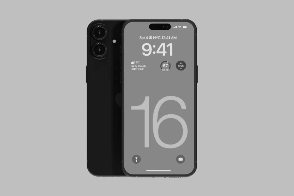 Front and back view of a modern smartphone in sleek black, featuring a dual-camera system and a minimalist lock screen on a neutral gray background.