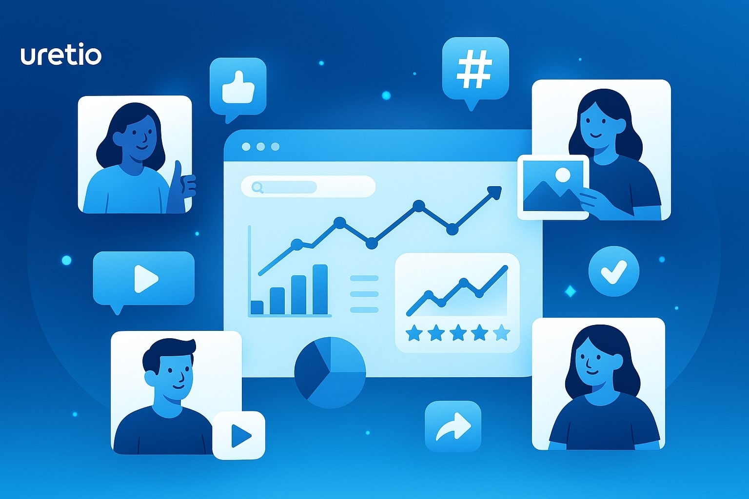 Dijital pazarlama arayüzü üzerinde kullanıcı içerikleriyle etkileşim: değerlendirme ikonları, sosyal medya yorumları ve Uretio renkleriyle tasarlanmış UGC odaklı modern illüstrasyon