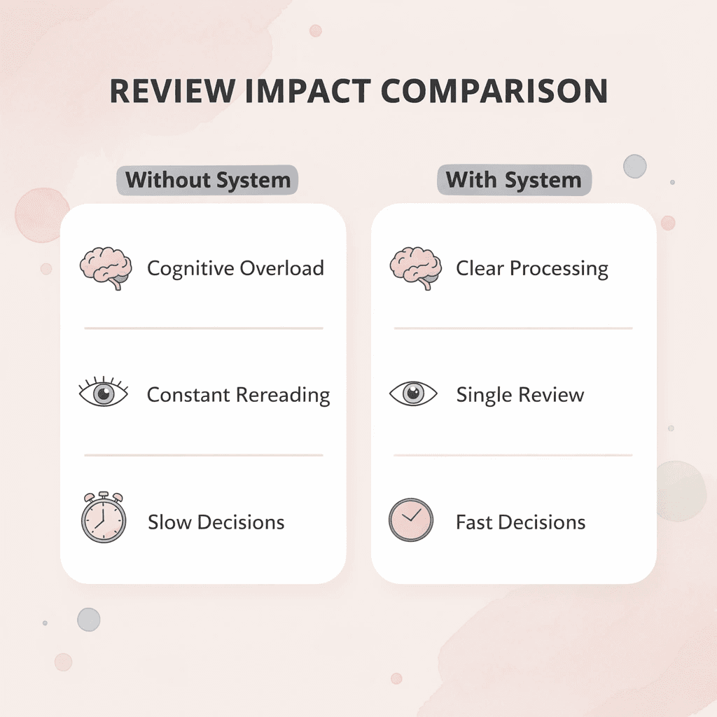 Comparison showing the impact of reviewing documents with and without a clear system - Document Review Best Practices