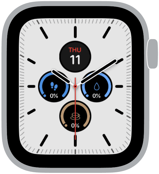 Minimalist modern Apple Watch face with a clean white analog dial, black markers, and activity complications
