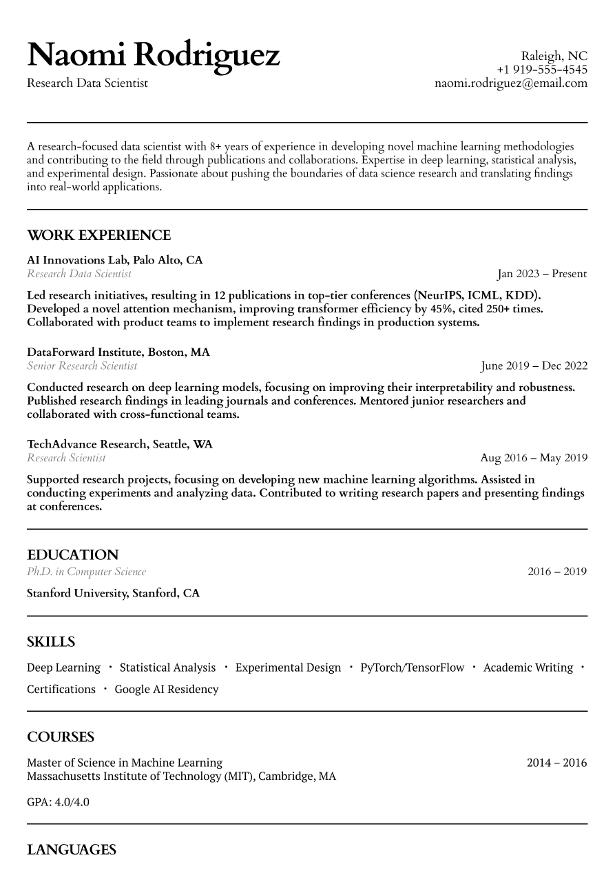 Research data scientist resume example