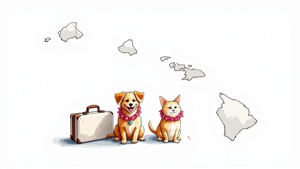 A cute cartoon dog and cat wearing leis sit next to a suitcase, with the Hawaiian Islands outlined in the background.